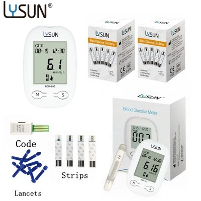 Lysun BGM -102 Monitor de açúcar no sangue Kit de teste para máquina de teste de diabetes Medidor de glicose no sangue com tiras lancetas